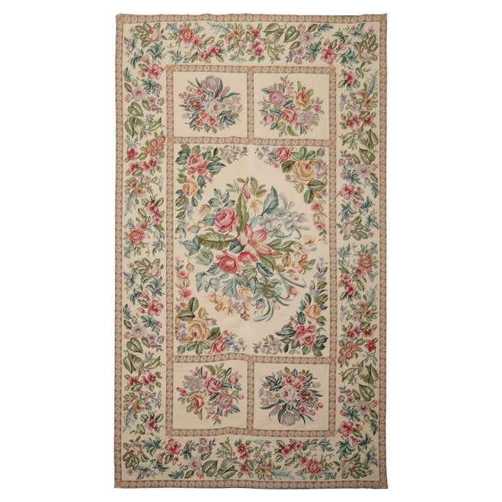 6x10 Ivory, Aqua, Rose Color Hand Woven Aubusson Needlepoint Wool Traditional Oriental Rug