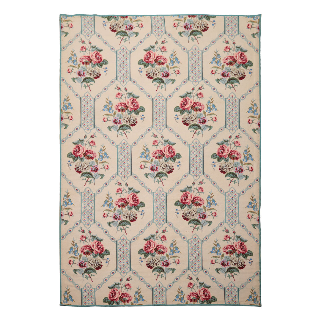 6x9 Ivory, Turquoise, Pink Color Hand Woven Aubusson Needlepoint Wool Traditional Oriental Rug