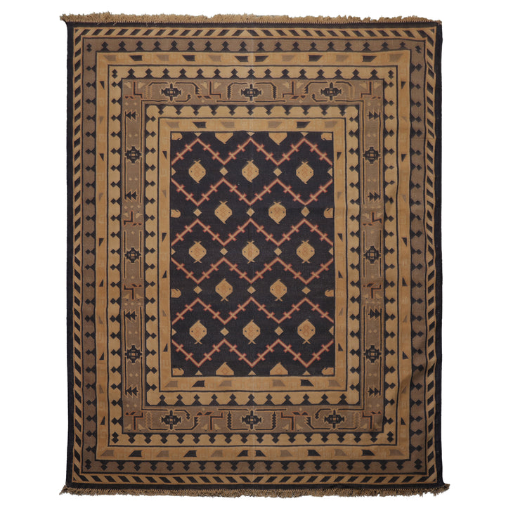 7x9 Navy, Tan, Beige Color Hand Woven Kilim Wool Tribal Oriental Rug