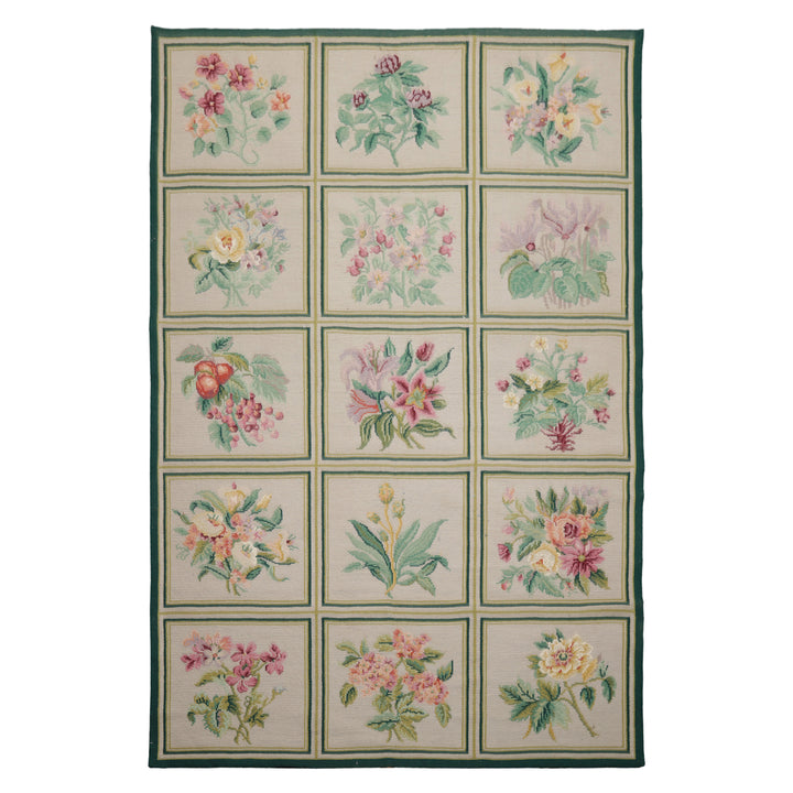 6x9 Ivory, Green, Aqua Color Hand Woven Portugese Needlepoint Wool Traditional Oriental Rug