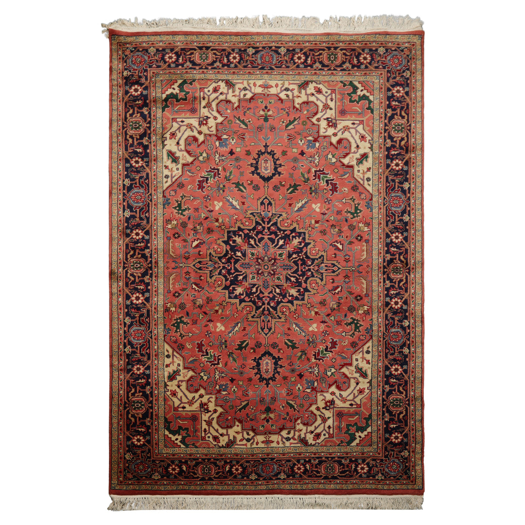 6x9 Rose, Navy, Ivory Color Hand Knotted Heriz Wool Traditional Oriental Rug