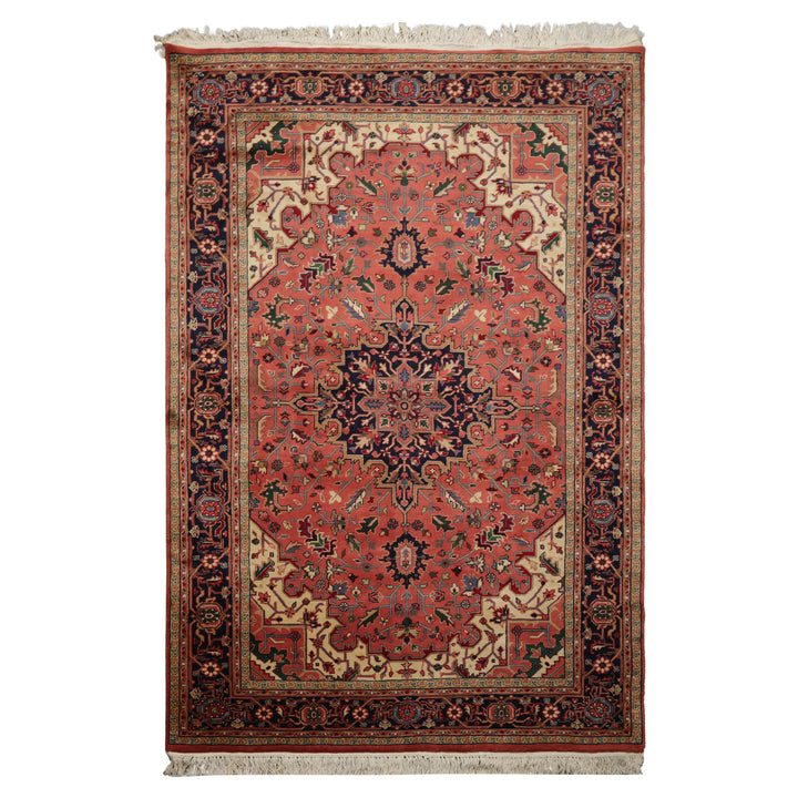 6x9 Rose, Navy, Ivory Color Hand Knotted Heriz Wool Traditional Oriental Rug