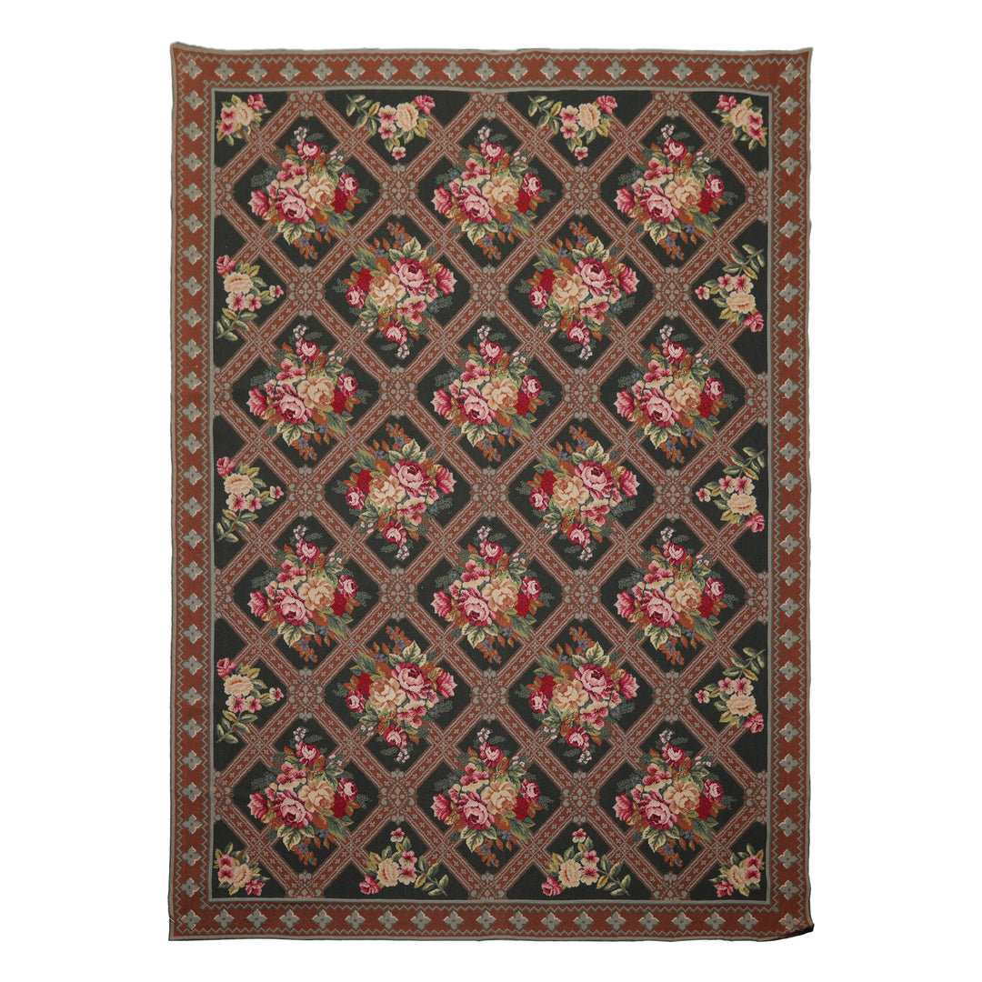 6x9 Green, Brown, Ivory Color Hand Woven Aubusson Needlepoint Wool Traditional Oriental Rug