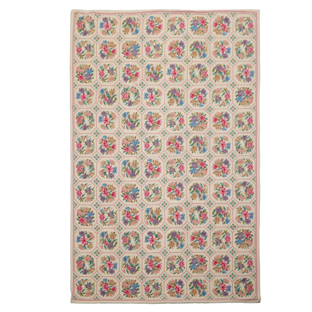 5x8 Ivory, Pink, Lavender Color Hand Woven Aubusson Needlepoint Wool Traditional Oriental Rug