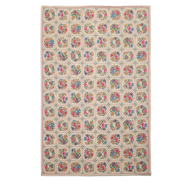 5x8 Ivory, Pink, Lavender Color Hand Woven Aubusson Needlepoint Wool Traditional Oriental Rug