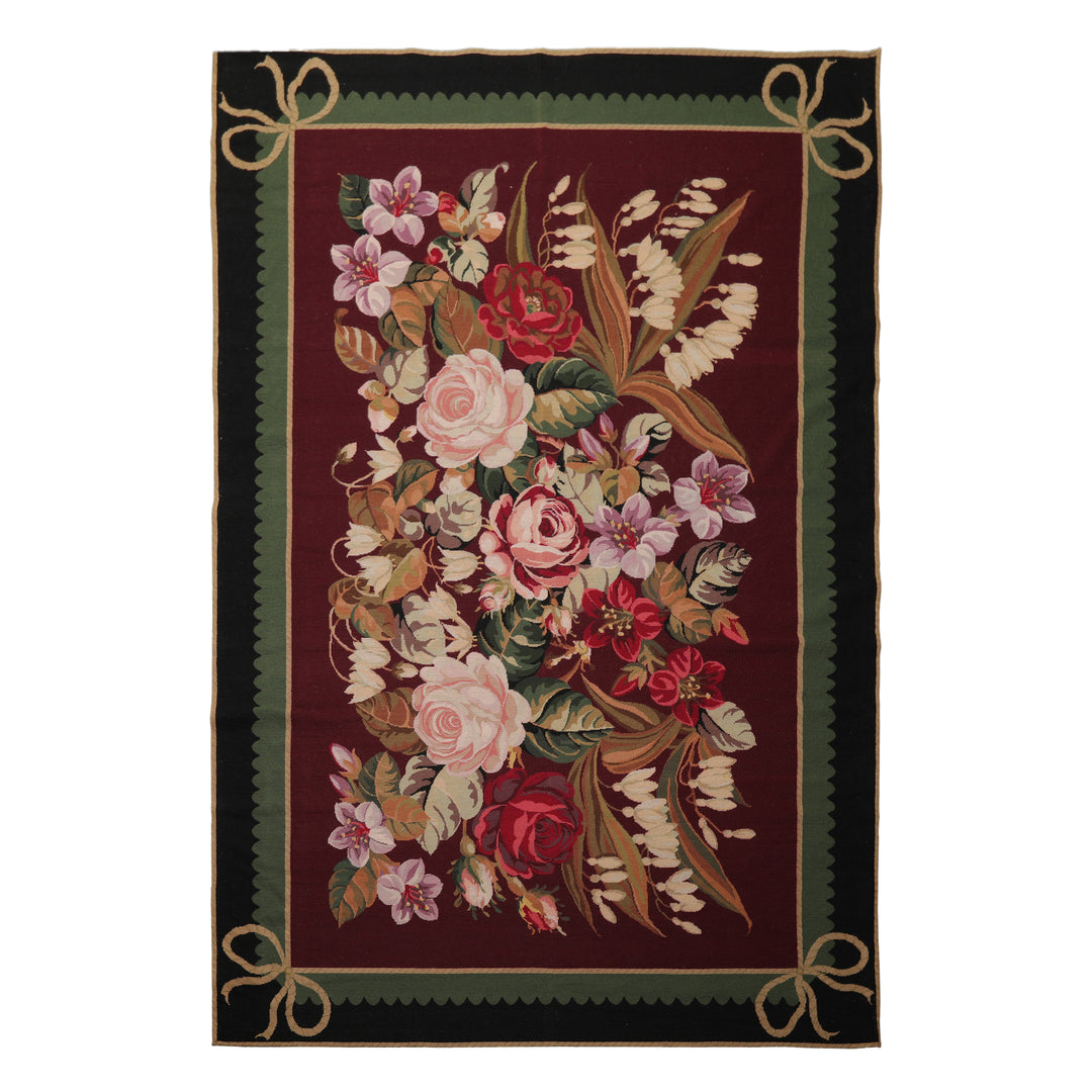 6x9 Plum, Green, Black Color Hand Woven Aubusson Needlepoint Wool Traditional Oriental Rug