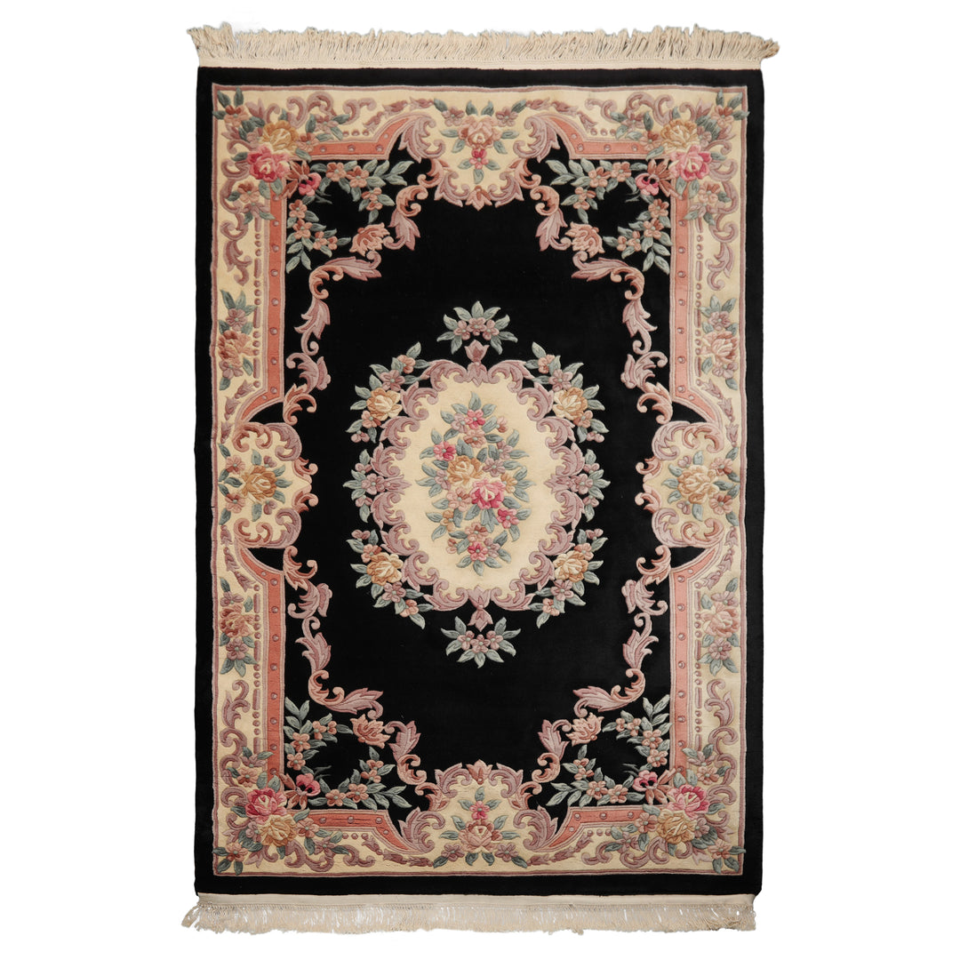 5x8 Black, Ivory, Blush Color Hand Knotted French Aubusson Savonnerie Wool Traditional Oriental Rug