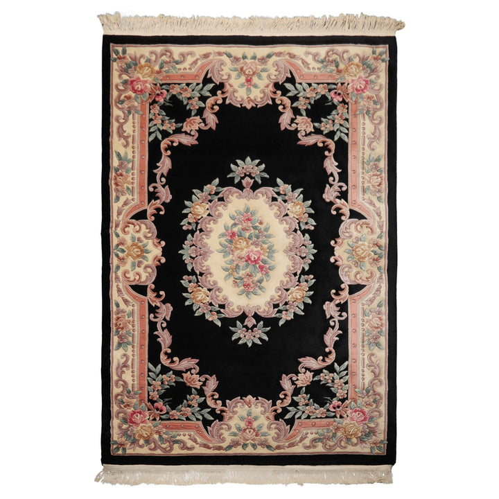 5x8 Black, Ivory, Blush Color Hand Knotted French Aubusson Savonnerie Wool Traditional Oriental Rug