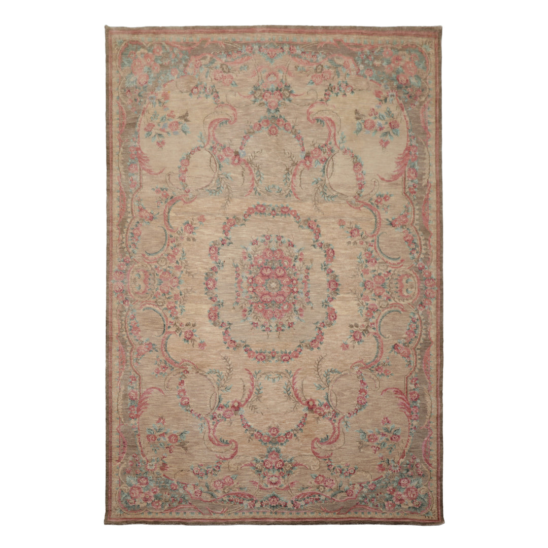 6x9 Beige, Tan, Blush Color Hand Knotted French Aubusson Savonnerie Wool Transitional Oriental Rug
