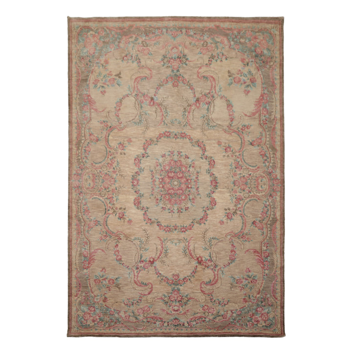 6x9 Beige, Tan, Blush Color Hand Knotted French Aubusson Savonnerie Wool Transitional Oriental Rug