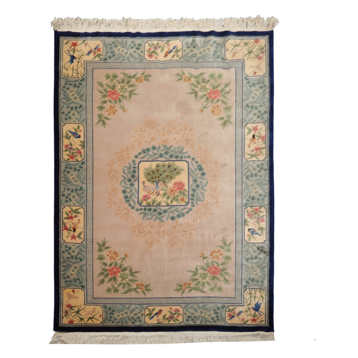 6x9 Beige, Tan, Aqua Color Hand Knotted Chinese Art Deco Wool Traditional Oriental Rug