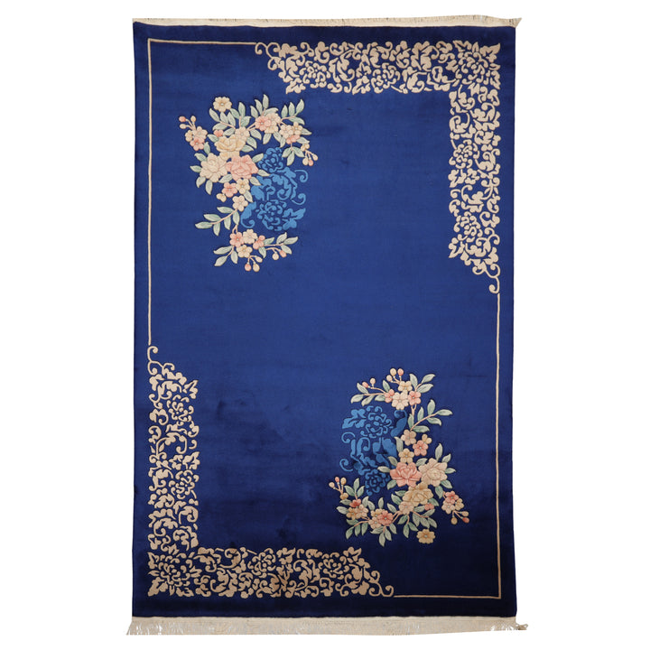 6x9 Royal Blue, Ivory, Blush Color Hand Knotted Chinese Art Deco Wool Traditional Oriental Rug