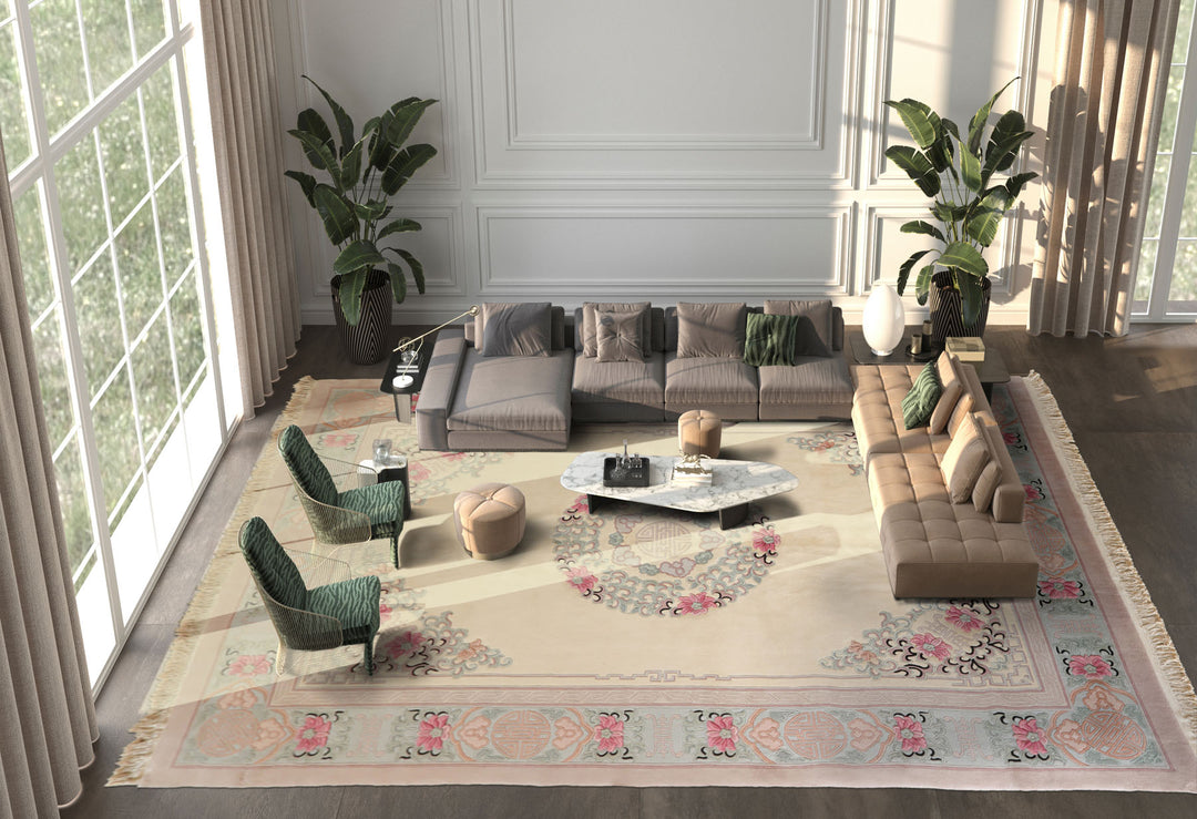 10x14 Ivory, Rose, Aqua Color Hand Knotted Aubusson Savonnerie Wool Traditional Oriental Rug