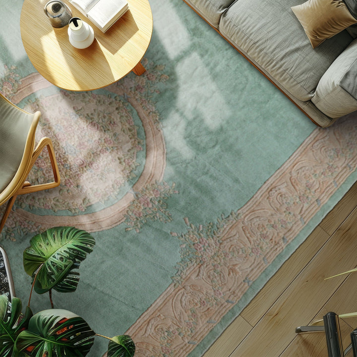 Oversize Sea Foam, Green, Light Peach Color Hand Knotted Aubusson Savonnerie Wool Traditional Oriental Rug