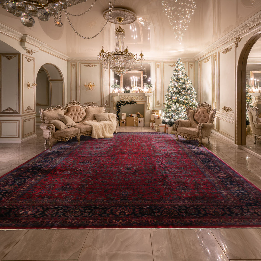 Oversize Deep Wine Red, Midnight Blue, Navy Color Hand Knotted Agra Wool Traditional Oriental Rug