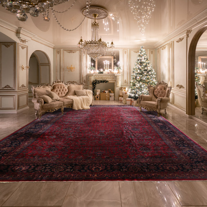Oversize Deep Wine Red, Midnight Blue, Navy Color Hand Knotted Agra Wool Traditional Oriental Rug