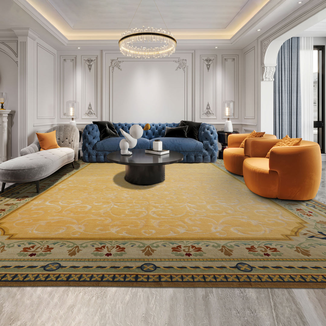 Oversize Light Gold, Mint, Navy Color Hand Knotted Tibetan? Wool and Silk Traditional Oriental Rug