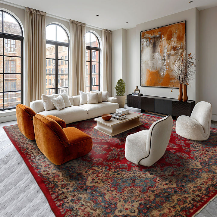 12x18 Red, Aqua, Ivory Color Hand Knotted Kerman Wool Traditional Oriental Rug