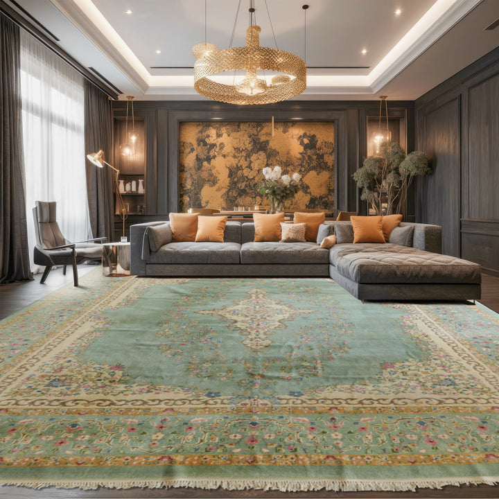 12x15 Sea Foam, Ivory, Brown Color Hand Knotted Kerman Silk Traditional Oriental Rug