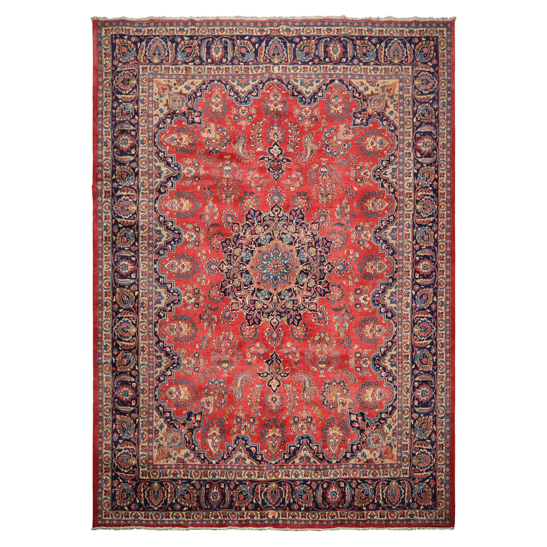 9x12 Coral, Navy, Ivory Color Hand Knotted Kashan Wool Traditional Oriental Rug