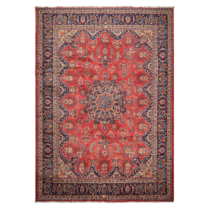 9x12 Coral, Navy, Ivory Color Hand Knotted Kashan Wool Traditional Oriental Rug