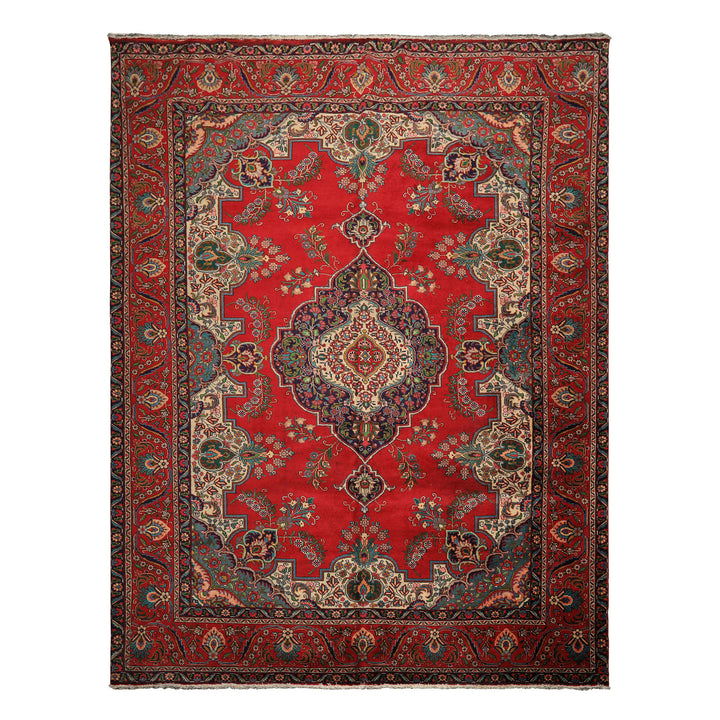 9x12 Red, Ivory, Aqua Color Hand Knotted Tabriz Wool Traditional Oriental Rug