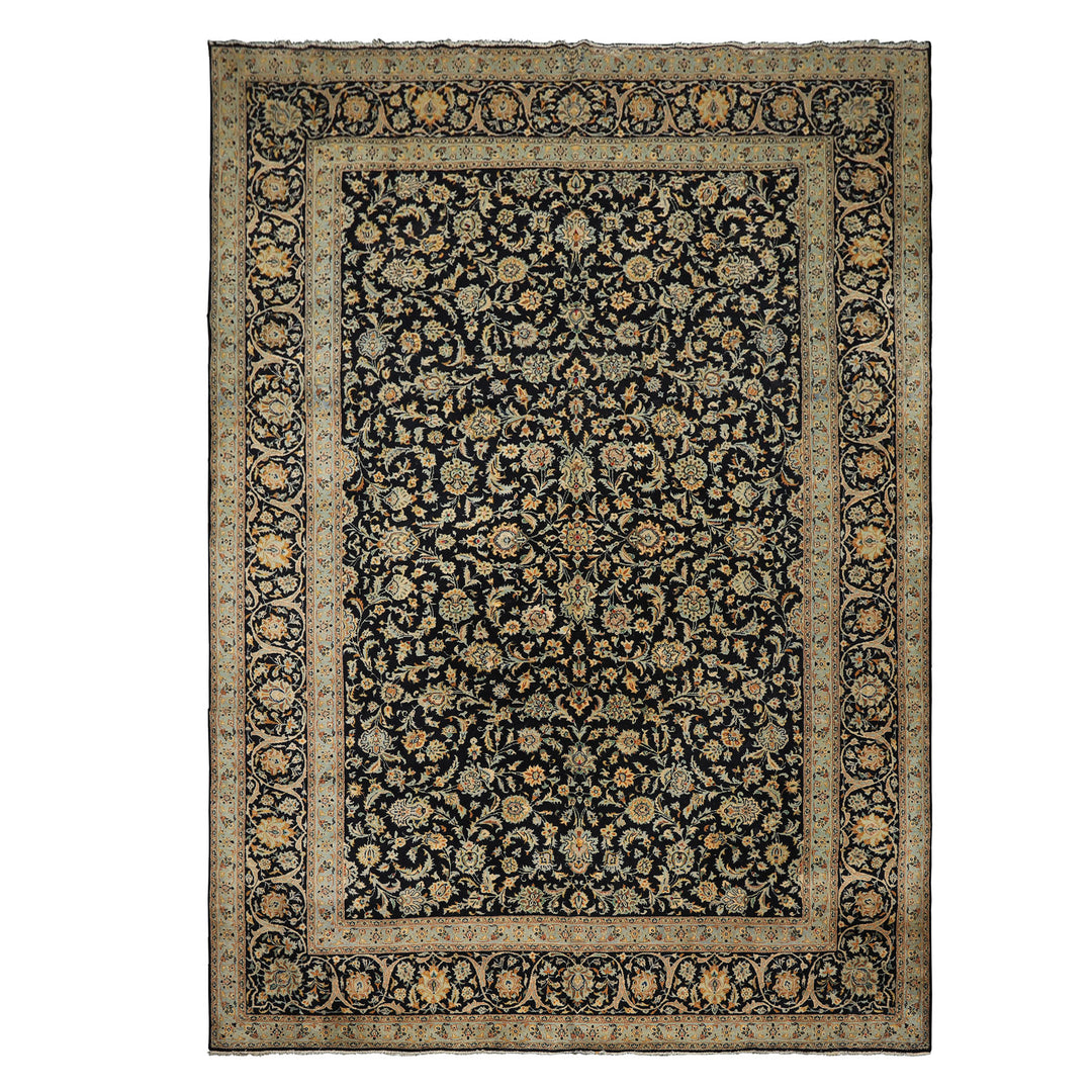 10x14 Black, Ivory, Mint Color Hand Knotted Kashan Wool Traditional Oriental Rug