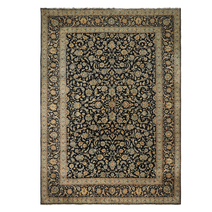 10x14 Black, Ivory, Mint Color Hand Knotted Kashan Wool Traditional Oriental Rug