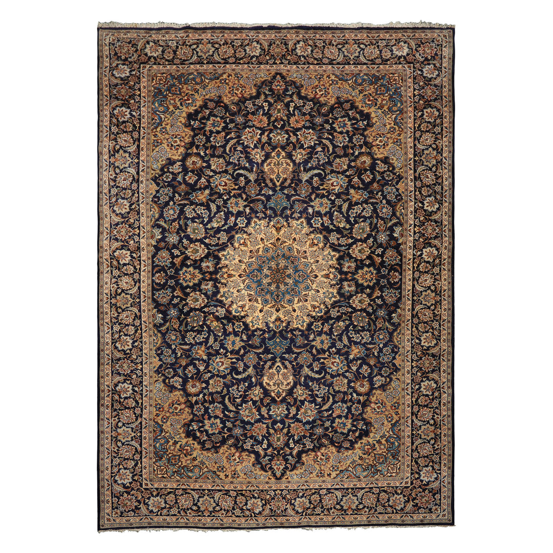 9x13 Navy, Ivory, Beige Color Hand Knotted Kashan Wool Traditional Oriental Rug