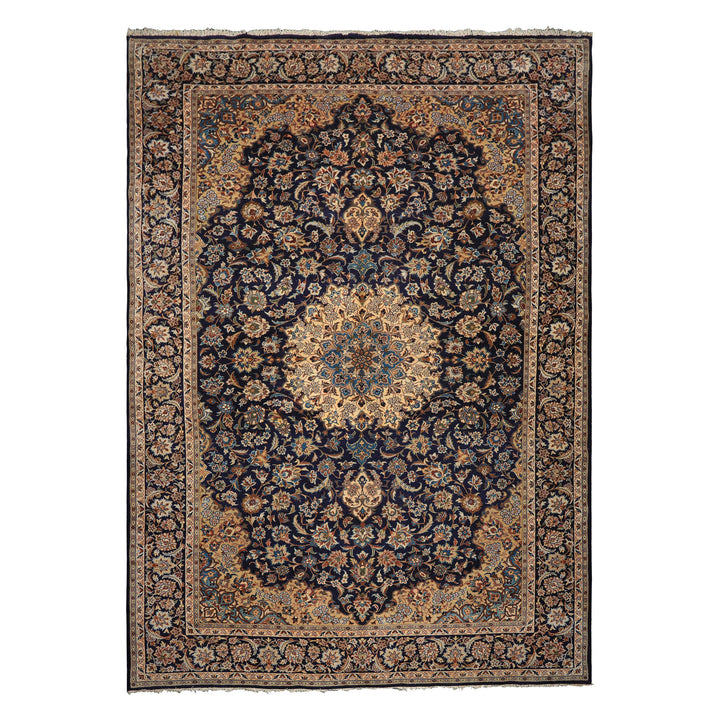 9x13 Navy, Ivory, Beige Color Hand Knotted Kashan Wool Traditional Oriental Rug