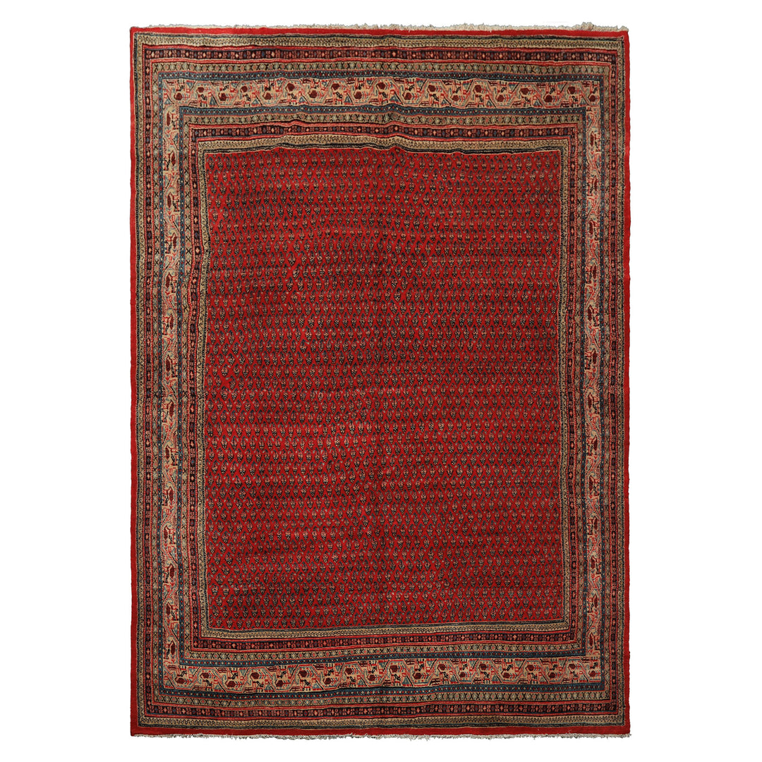 7x11 Tomato Red, Beige, Aqua Color Hand Knotted Persian Boteh Wool Traditional Oriental Rug