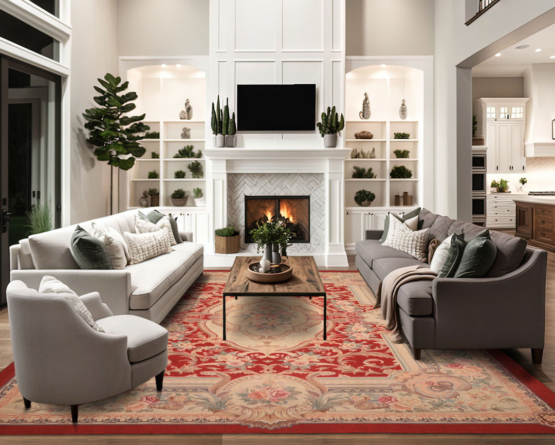 9x12 Red, Beige, Aqua Color Hand Woven French Aubusson Wool Traditional Oriental Rug