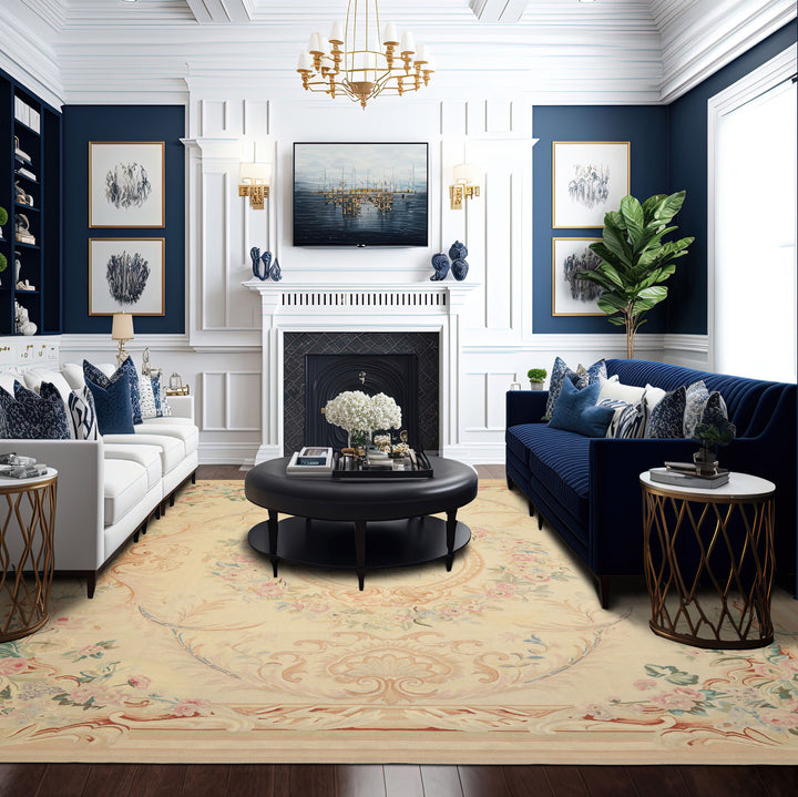 8x10 Ivory, Tan, Rose Color Hand Woven French Aubusson Wool Traditional Oriental Rug