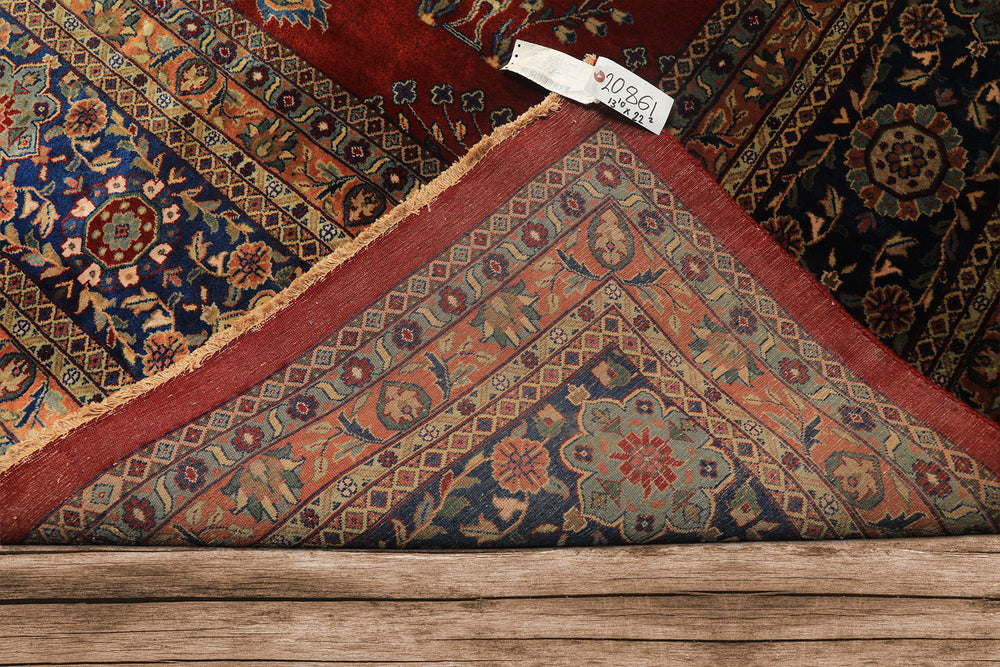Runner Rusty Red, Navy, Mint Color Hand Knotted Sarouk New Zealand Wool Traditional Oriental Rug