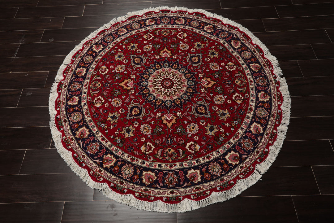 Round Burgundy, Navy, Ivory Color Hand Knotted Tabriz Round Wool Traditional Oriental Rug