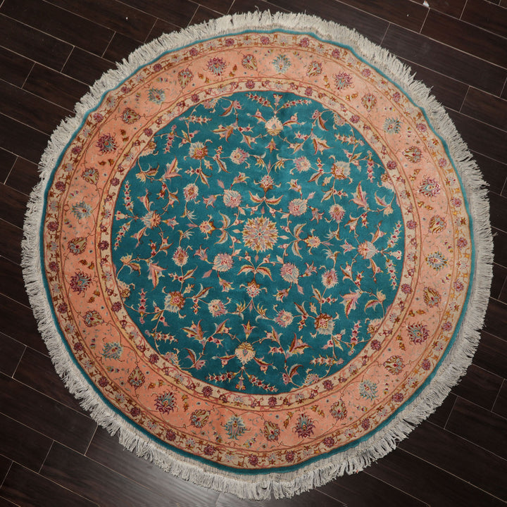 Round Turquoise, Rose, Beige Color Hand Knotted Tabriz Round Wool & Silk Traditional Oriental Rug