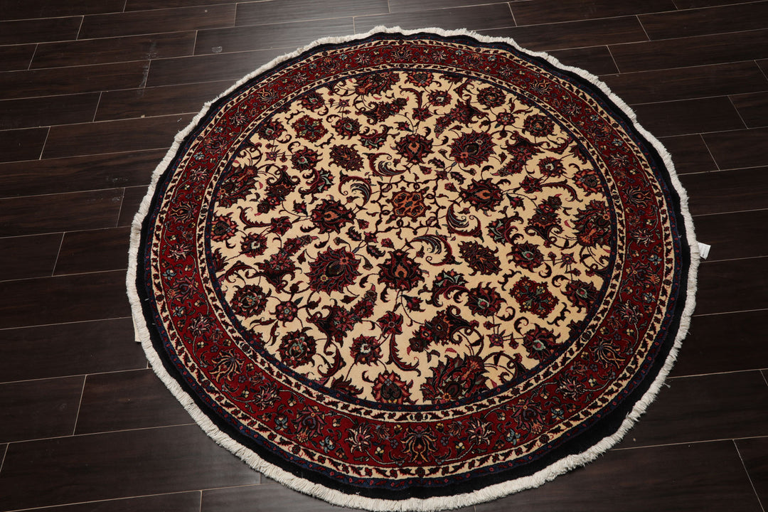 Round Ivory, Rust, Rose Color Hand Knotted Bidjar Round Wool & Silk Traditional Oriental Rug