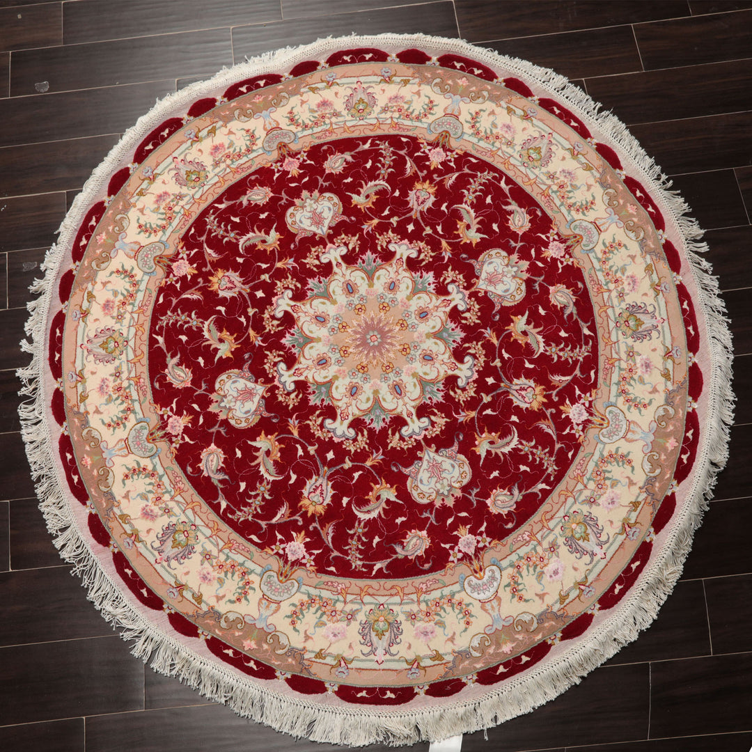 Round Red, Ivory, Peach Color Hand Knotted Tabriz Round Wool & Silk Traditional Oriental Rug