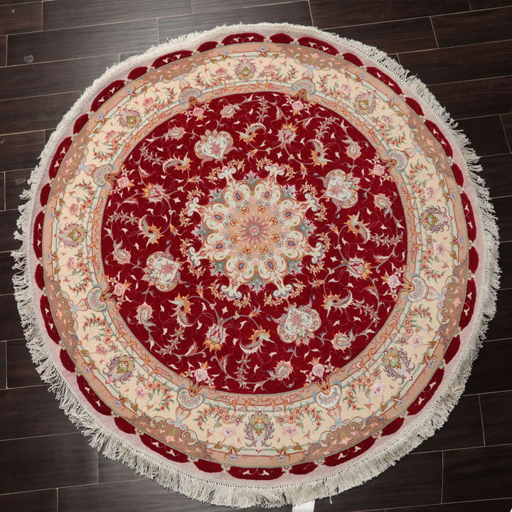 Round Red, Ivory, Peach Color Hand Knotted Tabriz Round Wool & Silk Traditional Oriental Rug