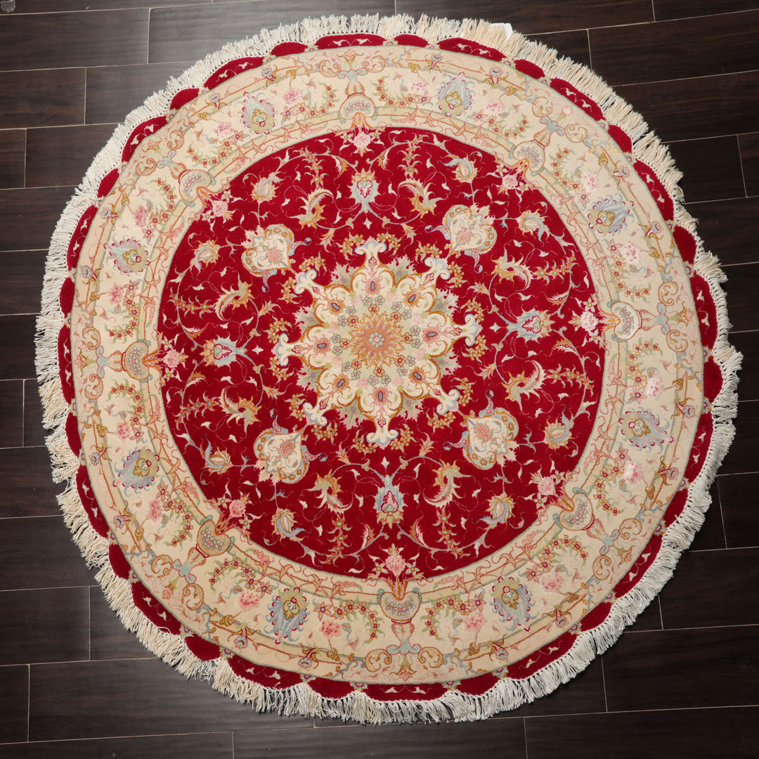 Round Red, Ivory, Blue Color Hand Knotted Tabriz Round Wool & Silk Traditional Oriental Rug