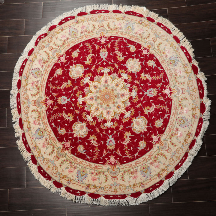 Round Red, Ivory, Blue Color Hand Knotted Tabriz Round Wool & Silk Traditional Oriental Rug