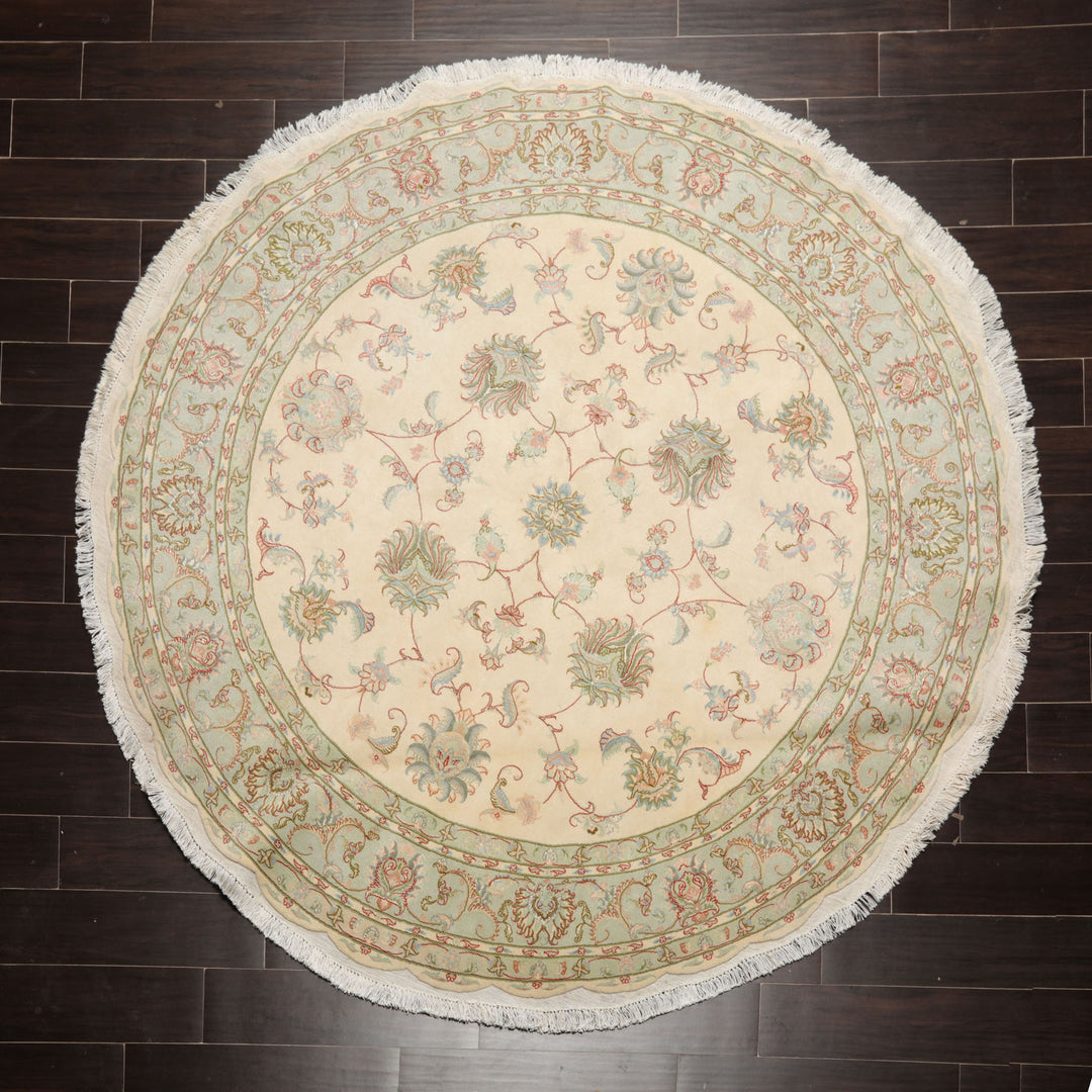 Round Ivory, Mint, Aqua Color Hand Knotted Tabriz Round Wool & Silk Traditional Oriental Rug