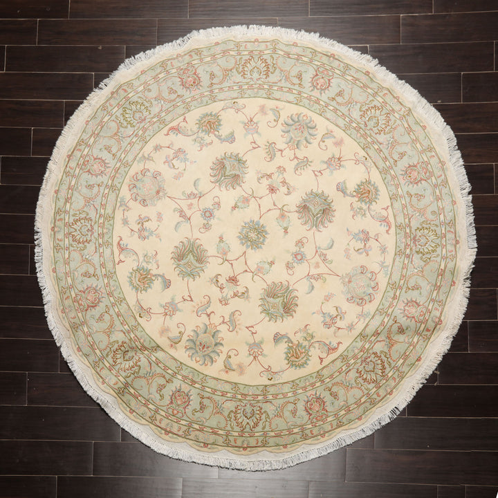 Round Ivory, Mint, Aqua Color Hand Knotted Tabriz Round Wool & Silk Traditional Oriental Rug