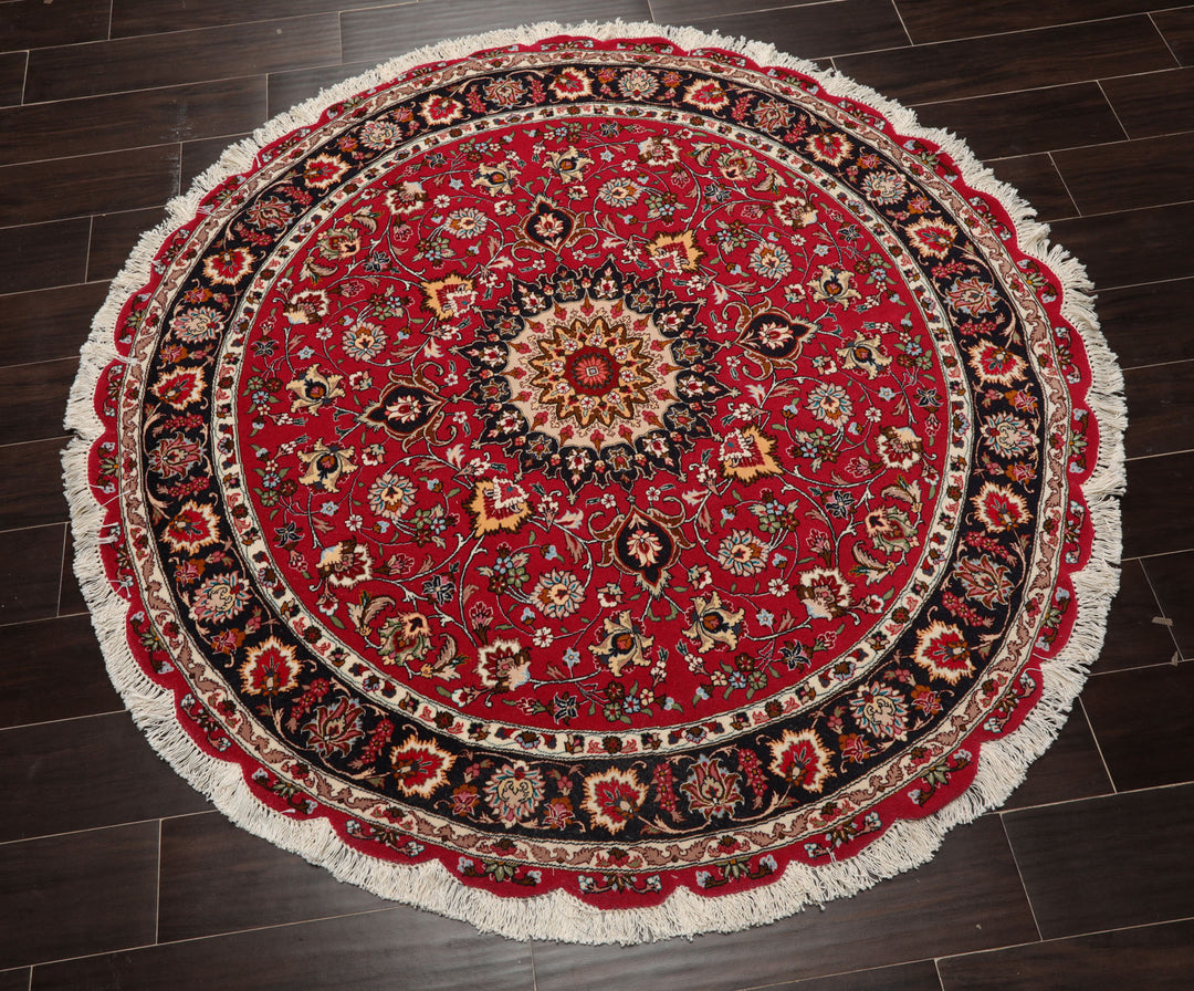 Round Burgundy, Black, Ivory Color Hand Knotted Tabriz Round Wool & Silk Traditional Oriental Rug