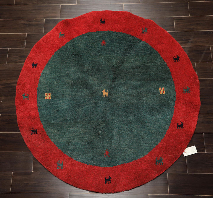 Round Green, Red, Gold Color Hand Knotted Gabbeh Wool Modern &amp; Contemporary Oriental Rug