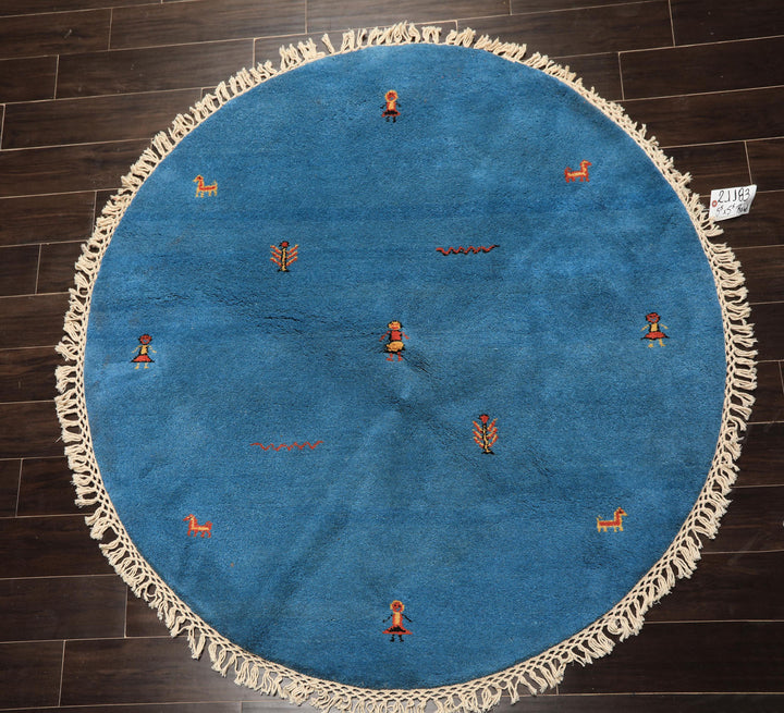 Round Aqua, Gold, Black Color Hand Knotted Gabbeh Wool Modern &amp; Contemporary Oriental Rug
