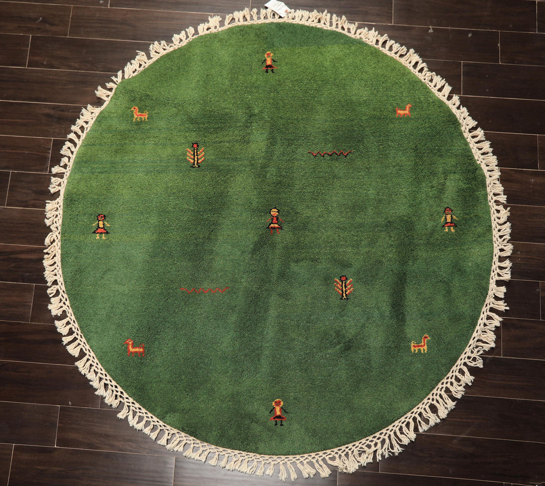 Round Green, Gold, Black Color Hand Knotted Gabbeh Wool Modern & Contemporary Oriental Rug