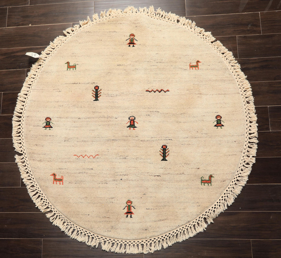 Round Beige, Black, Orange Color Hand Knotted Gabbeh Wool Modern & Contemporary Oriental Rug