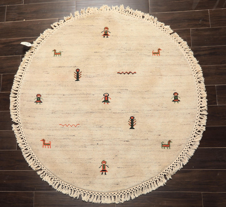 Round Beige, Black, Orange Color Hand Knotted Gabbeh Wool Modern &amp; Contemporary Oriental Rug