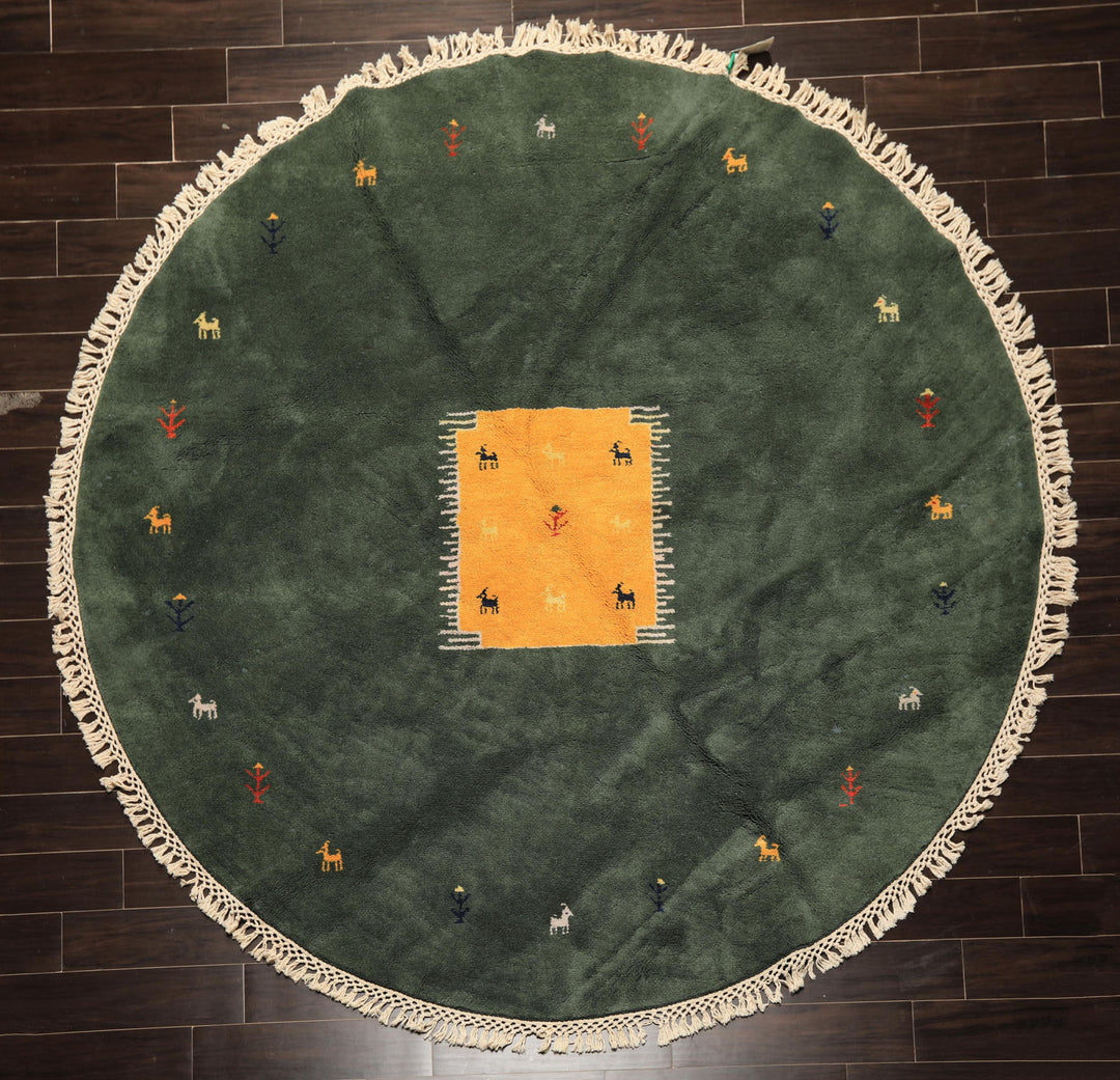 8' Round Dark Sage, Gold, Ivory Color Hand Knotted Gabbeh Wool Modern & Contemporary Oriental Rug
